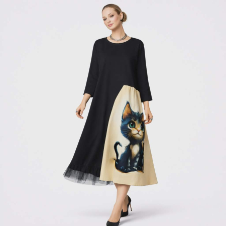 Imbracaminte - Rochie din bumbac negru cu imprimeu pisica si tulle la poale