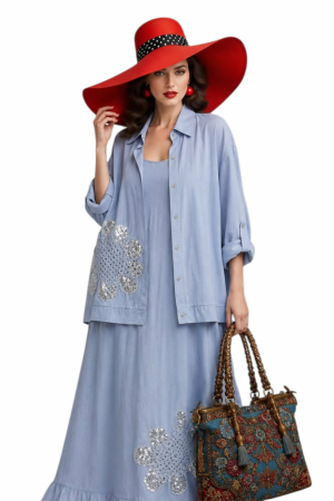Salopete & Compleuri - Compleu  bleumarin  din bumbac si model din macrame si paiete argintii