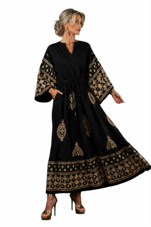 Rochii sezon cald - Rochie din vascoza pe fond negru cu fir lame auriu