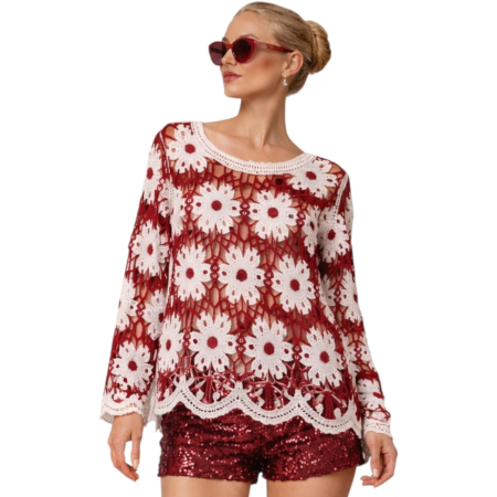 Imbracaminte - Bluza croseta alb-crem cu motive florale si insertii visinii