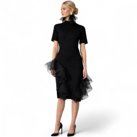 Rochie neagra tricotata midi cu volane elegante  din tulle