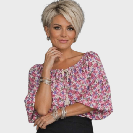 Bluza bumbac - Bluza din bumbac imprimeu floral roz si elastic la decolteu