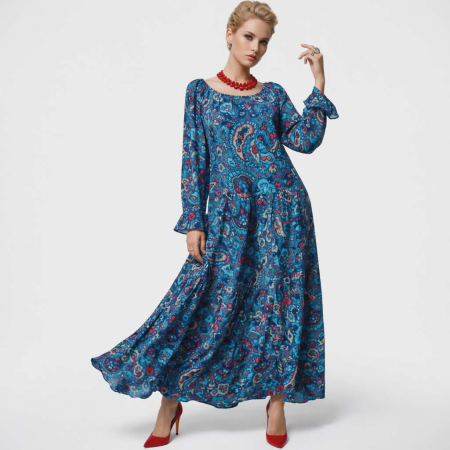 Rochii vascoza - Rochie lunga din vascoza cu volane si imprimeu artistic albastru