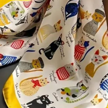 Accesorii - Esarfa din Satin cu Imprimeu Pisici Colorate