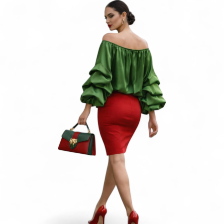 Bluza verde din satin cu maneci lungi bufante in trei straturi [2]