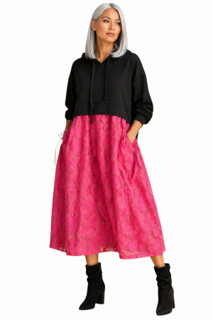 Rochie tip hanorac din bumbac si dantela florala cu buzunare [2]