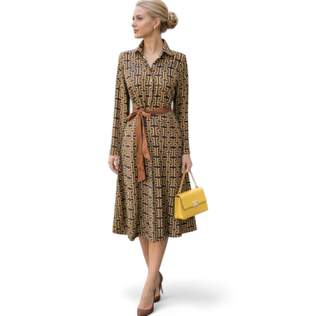 Rochie eleganta cu imprimeu geometric in nuante de maro tip camasa [2]
