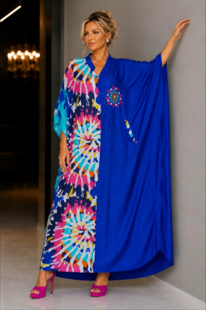 Rochii tip poncho/ kaftan - Kaftan din vascoza cu imprimeu abstract si buzunare