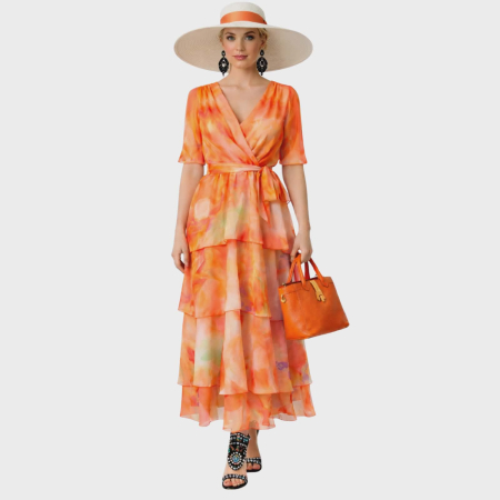 Rochii pentru  ocazii - Rochie din voal in degrade cu decolteu generos  si trei volane