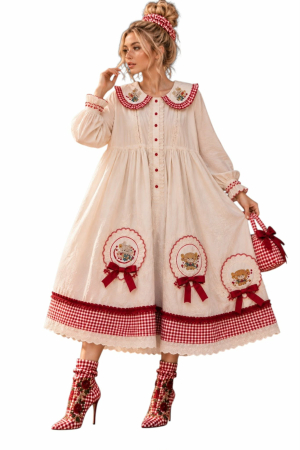 Rochie din bumbac stil romantic vintage si detalii rosii [2]