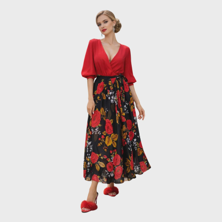 Imbracaminte - Fusta usor clos pe fond negru cu imprimeu floral si banda elastica