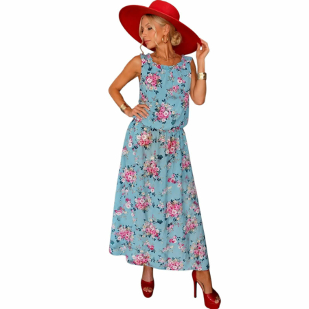 Promotii sezon cald - Rochie lunga  de vara din voal cu imprimeu floral  si elastic in talie