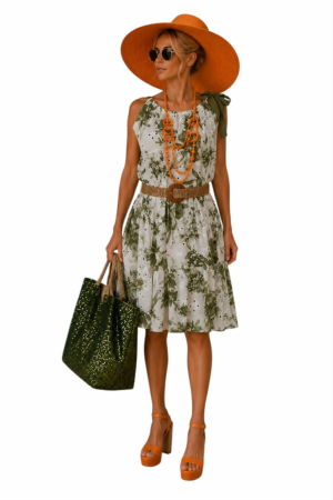 Rochii bumbac - Rochie din bumbac cu model perforat pe fond alb si imprimeu floral verde