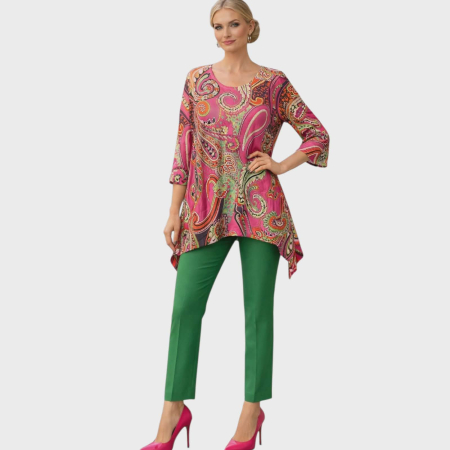 Bluze sezon cald - Bluza asimetrica cu imprimeu colorat si decolteu rotund