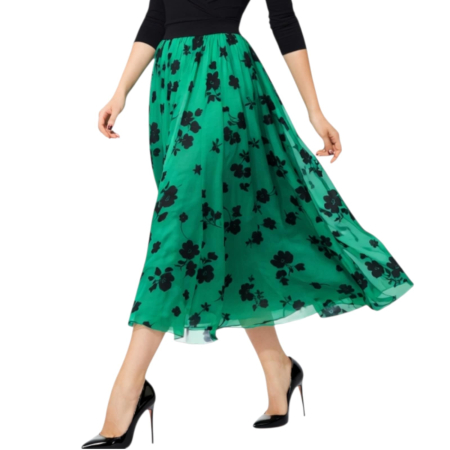 Fuste tulle - Fusta midi eleganta verde smarald cu imprimeu floral catifelat
