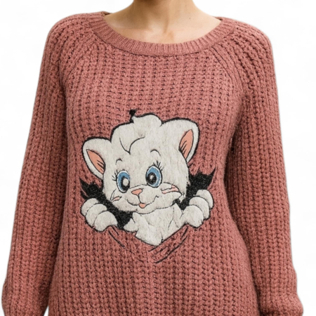 Pulover gros tricotat cu insertie blanita cu pisica [1]
