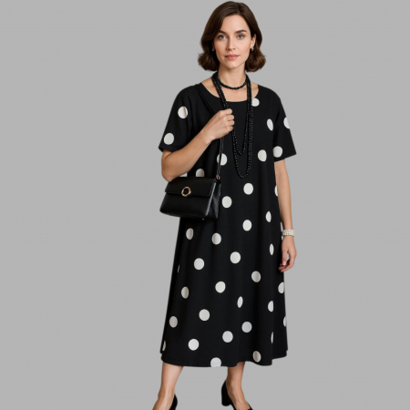 Rochii lycra & poliester & voal - Rochie Croi Larg pe Fond Negru cu Buline Albe