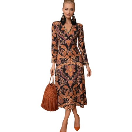 Imbracaminte - Rochie midi cu imprimeu baroc cu decolteu in V