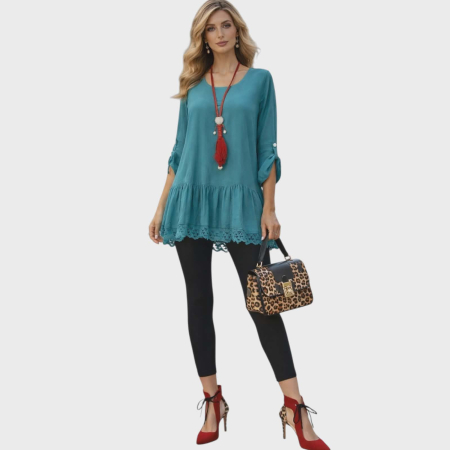 Bluze matase - Bluza din matase si vascoza albastru turcoaza cu dantela la tiv