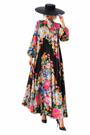 Rochii satin - Rochie lunga plisata din satin cu imprimeu floral