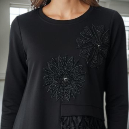 Rochie Eleganta Neagra din Bumbac si Dantela cu Flori si Paiete [3]
