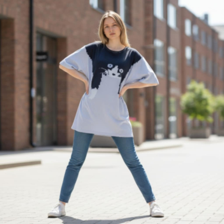 Bluze /pulovere pisica - Bluza asimetrica si desen pisica neagra lenesa pe ambele parti