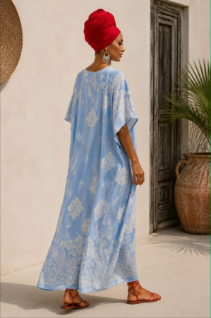 Kaftan din bumbac si vascoza cu imprimeu tip broderie [2]