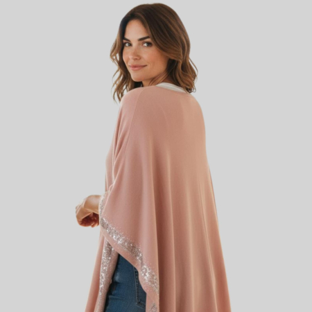Poncho Elegant din Tricot Fin Roz Pudrat cu Strasuri Argintii pe Margini [1]