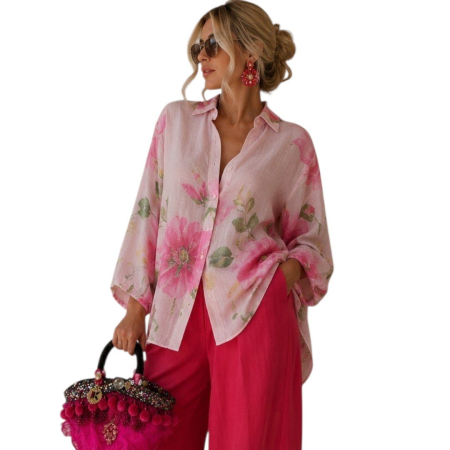 Bluze in - Camasa asimetrica din in cu imprimeu floral