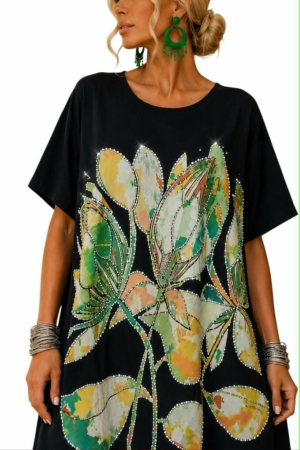 Rochie din bumbac cu imprimeu floral si strasuri argintii [2]