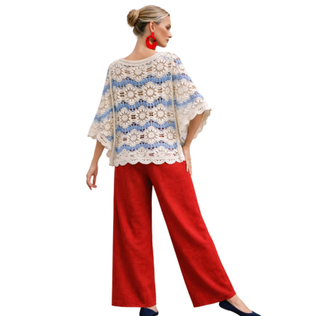 Bluza crosetata crem cu insertii bleu stil boho elegant [1]