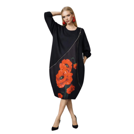 Rochii bumbac - Rochie neagra  cu fermoar decorativ si imprimeu maci croi larg