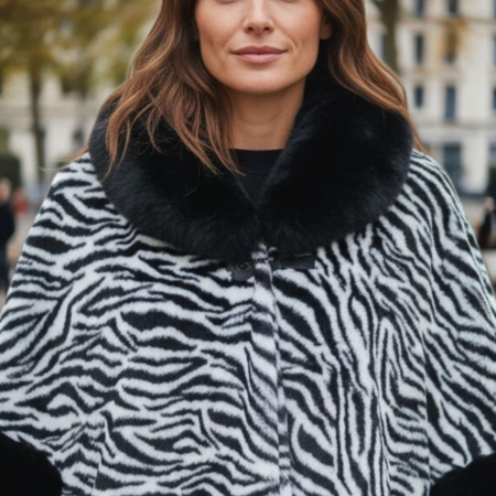 Haina Asimetrica Tip Poncho Eleganta cu Imprimeu Zebra si Guler Blana Ecologica [2]