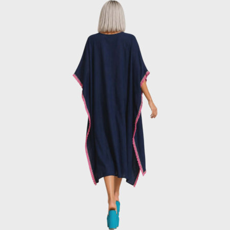 Kaftan amplu trei sferturi albastru inchis din vascoza cu ciucuri colorate pe margini [2]