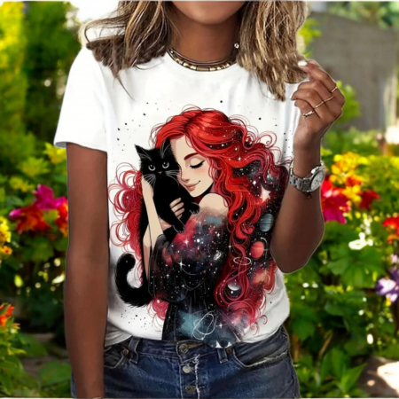 Tricouri pisici - Tricou pe Fond Alb cu Imprimeub Pisica Neagra Scumpa