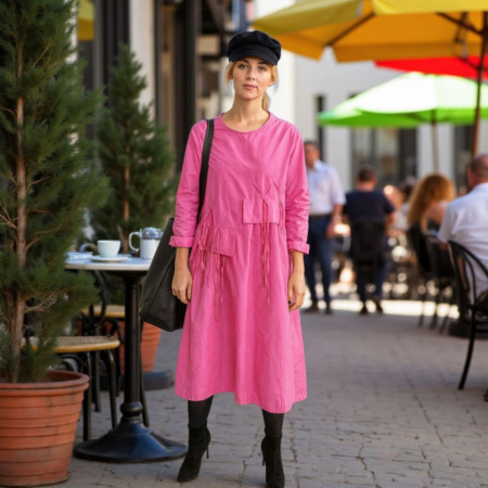 Rochii poliester & rochii satin - Rochie din tafta fosnitoare cu aplicatii si snururi in jurul taliei