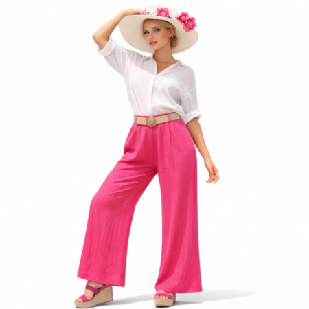 Imbracaminte - Pantaloni din in ciclam cu buzunare laterale si  curea