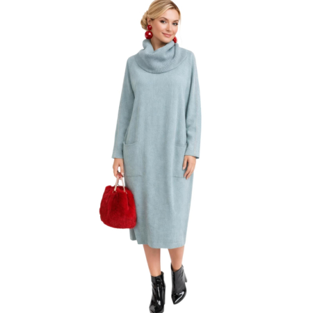 Rochie midi din tricot fin cu guler amplu si buzunare