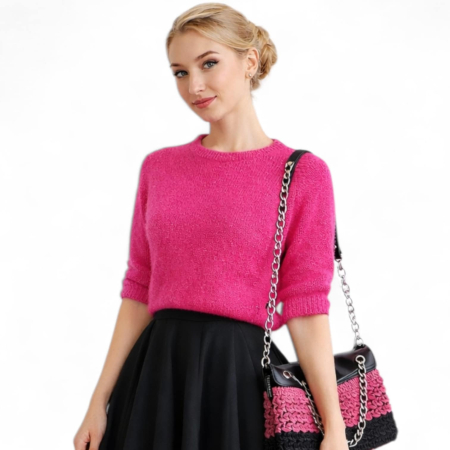 Pulovere - Pulover roz aprins  placut la atingere cu maneci scurte