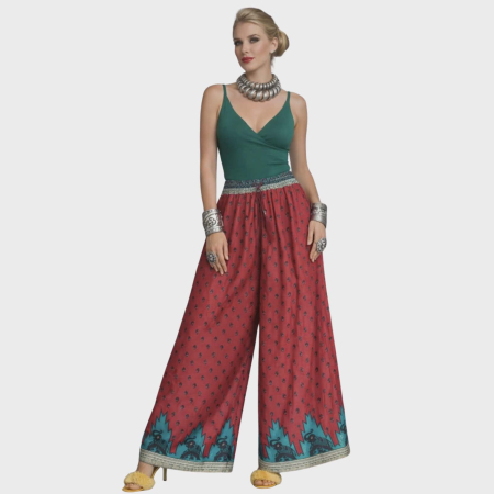 Pantaloni matase - Pantaloni croi larg din matase indiana cu bordura la tiv