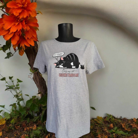 Tricouri pisici - tricou-gri-din-bumbac-cu-desen-si-mesaj-pisica-lenesa