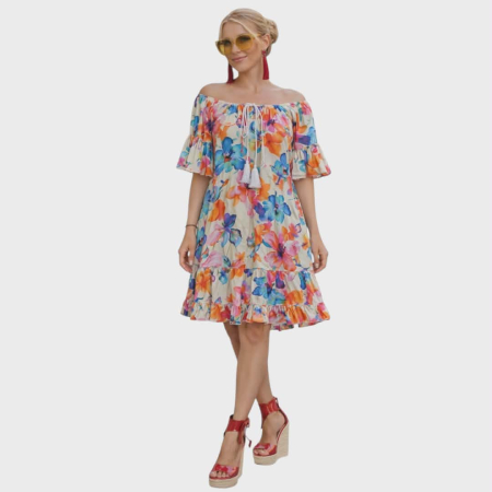 Rochii bumbac - Rochie croi larg pe fond crem cu voalane si elastic la decolteu