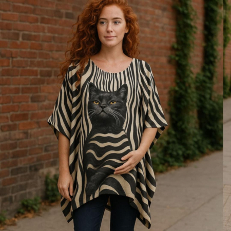 Bluze sezon cald - Bluza asimetrica  tip poncho cu imprimeu pisica neagra pe partea din fata