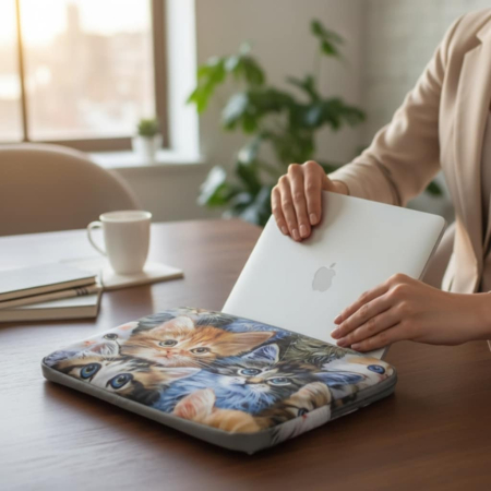 Sacose & genti pisici - Geanta pentru laptop cu multe pisici adorabile si fermoar