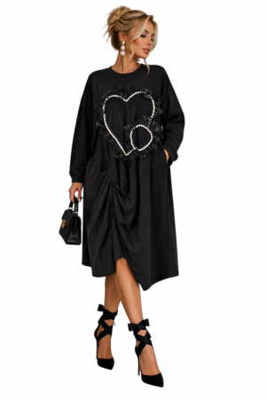 Rochii bumbac - Rochie neagra  din bumbac  cu aplicatii perle si tulle