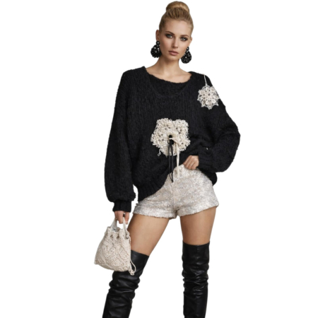 Pulover negru din tricot cu aplicatii albe decorative cu pietre si perle [1]