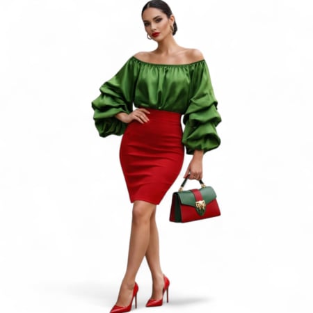 Bluze sezon rece & pulovere - Bluza verde din satin cu maneci lungi bufante in trei straturi