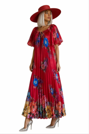 Rochie lunga plisata cu imprimeu floral  si elastic la decolteu [2]