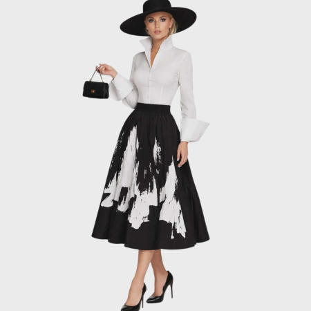 Fuste bumbac - Fusta din bumbac cu imprimeu artistic si croi alb cu buzunare