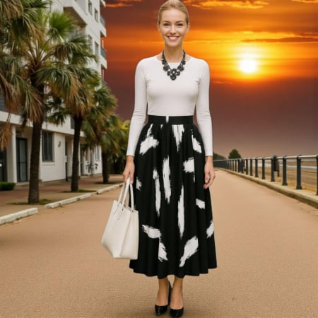 Fuste satin - Fusta Lunga pe Fond Negru cu Dungi Abstracte Chic